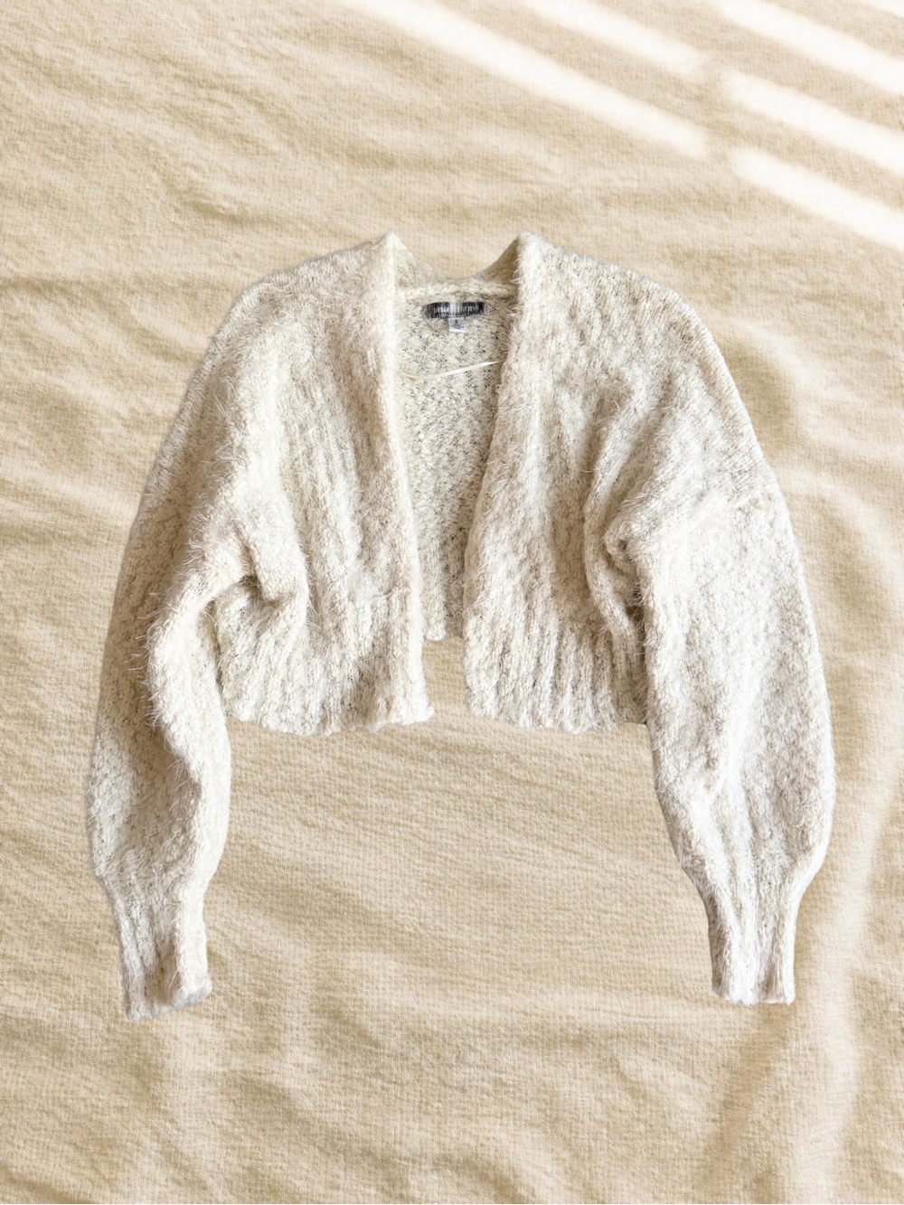 Urban Outfitters Cream Cropped Open-Front Balloon Sleeve Cardigan